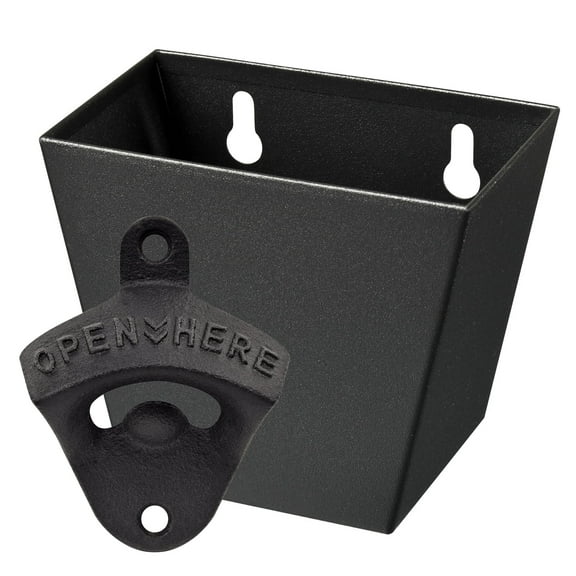 HAIICEN Black Bottle Opener with Cap Catcher Wall Mounted Cast Iron Beer Bottle Opener and Cap Bucket