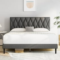 HAIIDE Full Size Upholstered Platform Bed Frame, with Wood Slat Support, Dark Grey