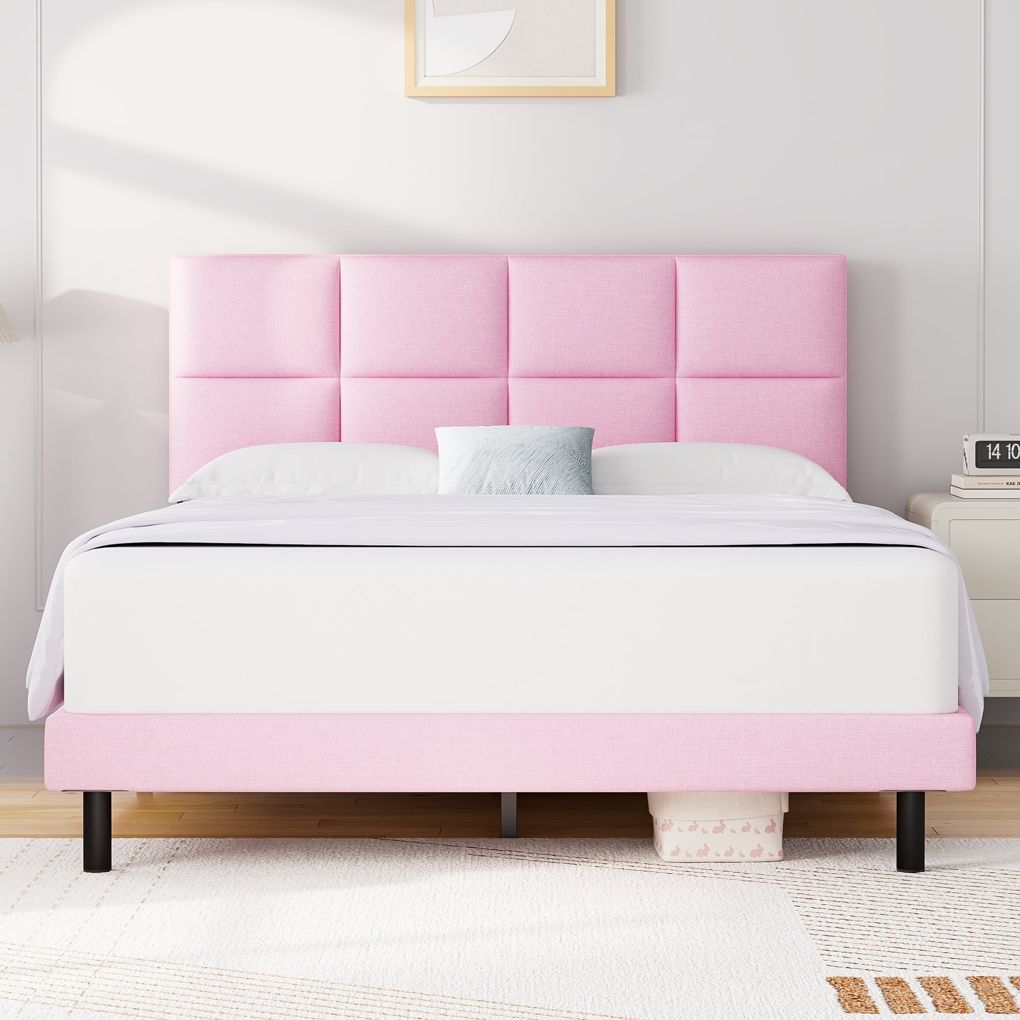 HAIIDE Full Size bed Frame with Fabric Upholstered Headboard,Pink, Easy