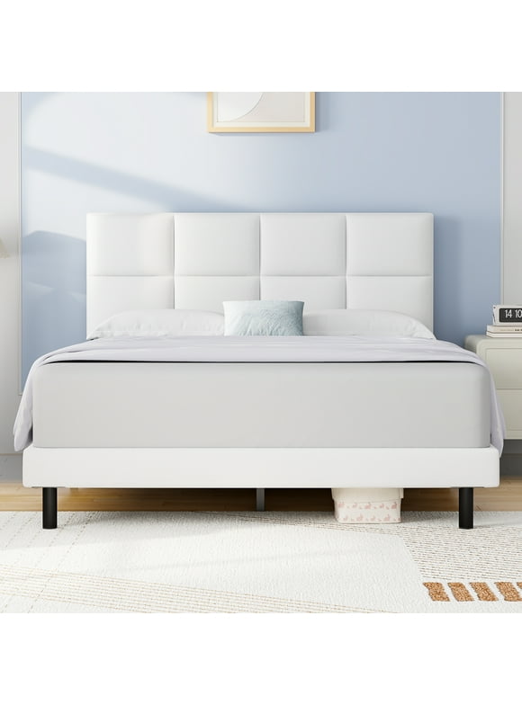 HAIIDE Full Size bed Frame with Fabric Upholstered Headboard,White, Easy Assembly
