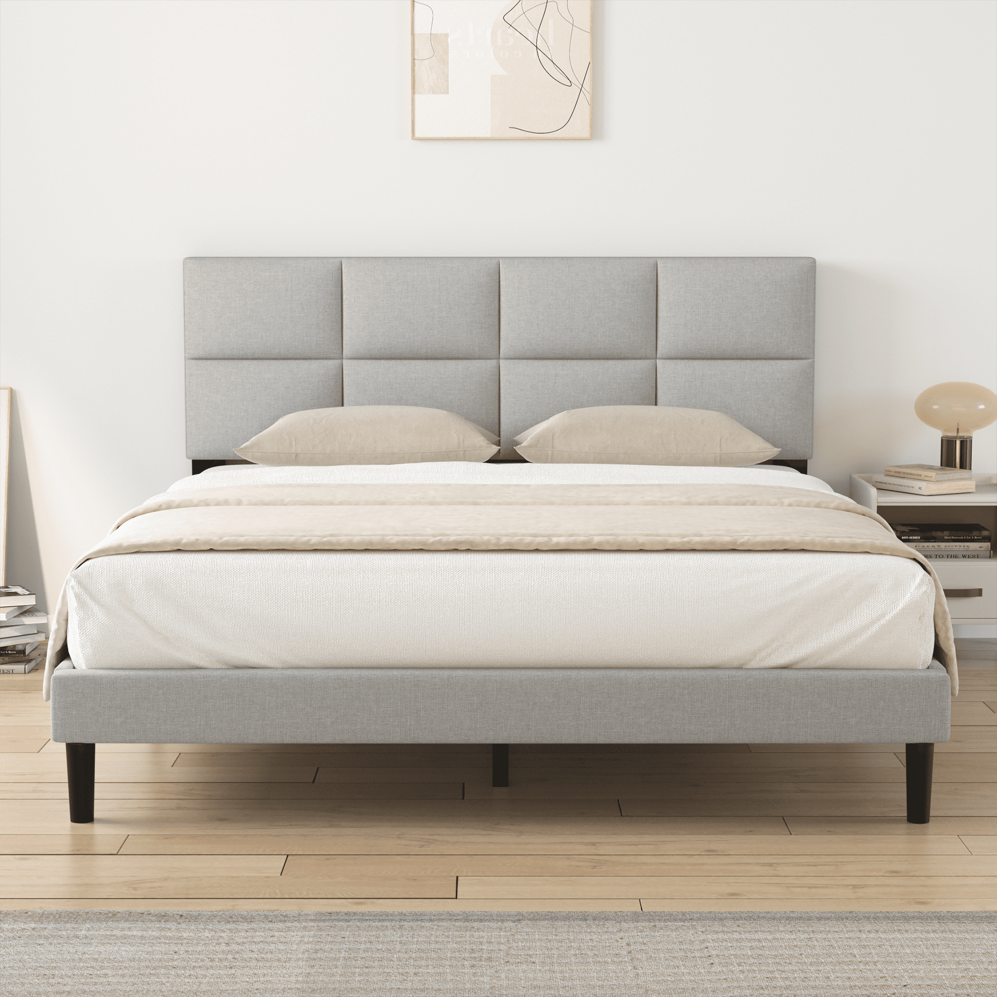 HAIIDE Full Size bed Frame with Fabric Upholstered Headboard light Grey Easy Assembly