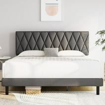 HAIIDE King Bed Frame Upholstered Platform with Headboard and Wooden Slats Support, Dark Grey
