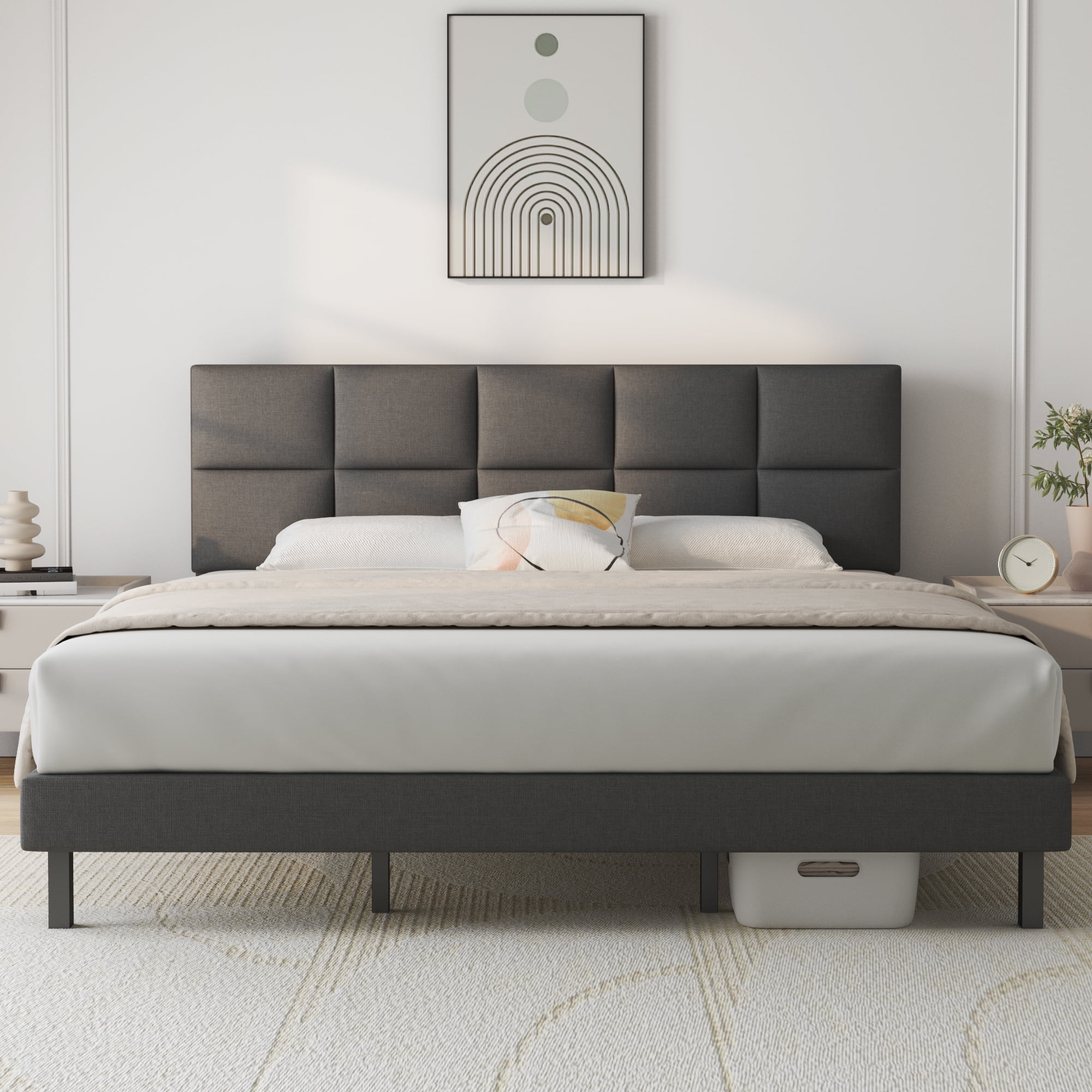 HAIIDE King Size Platform Bed Frame with Headboard, Modern Upholstered ...