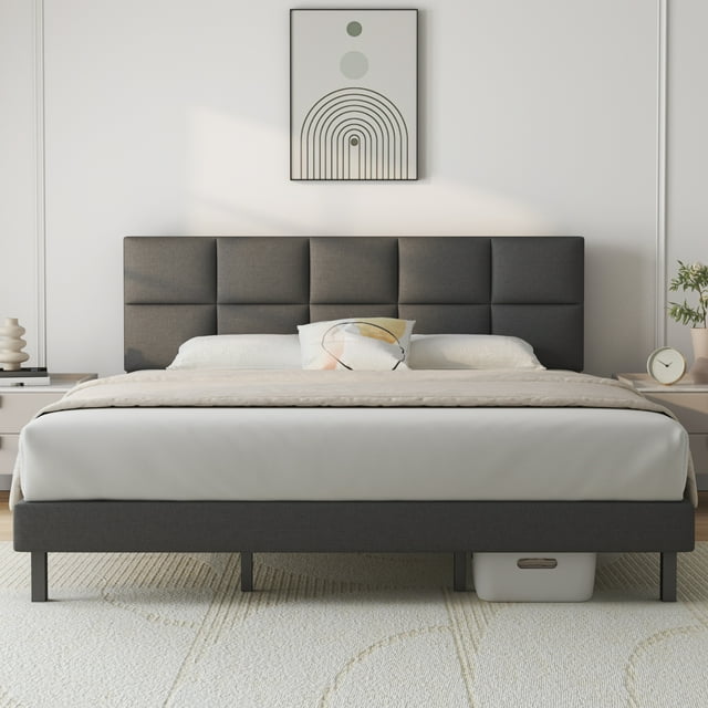 HAIIDE King Size Platform Bed Frame with Headboard, Modern Upholstered