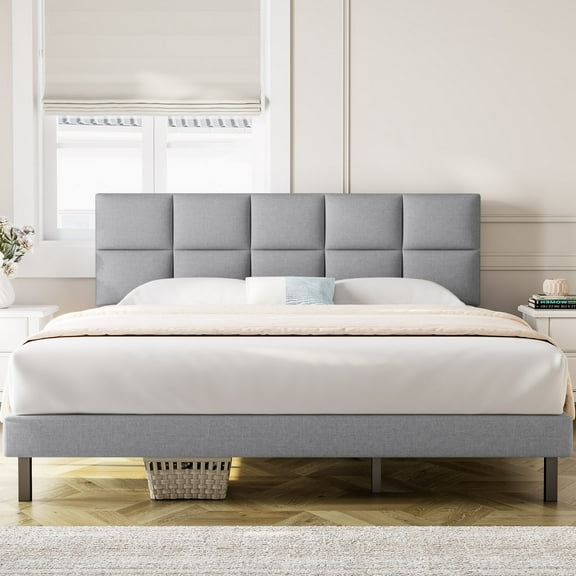 HAIIDE King Size bed Frame with Fabric Upholstered Headboard,light Gray, Easy Assembly