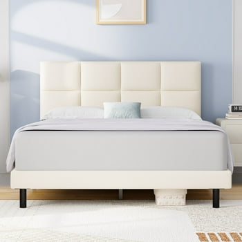 HAIIDE Queen Bed Frame, Queen Size Platform Bed With Fabric Upholstered Headboard,Beige, Easy Assembly