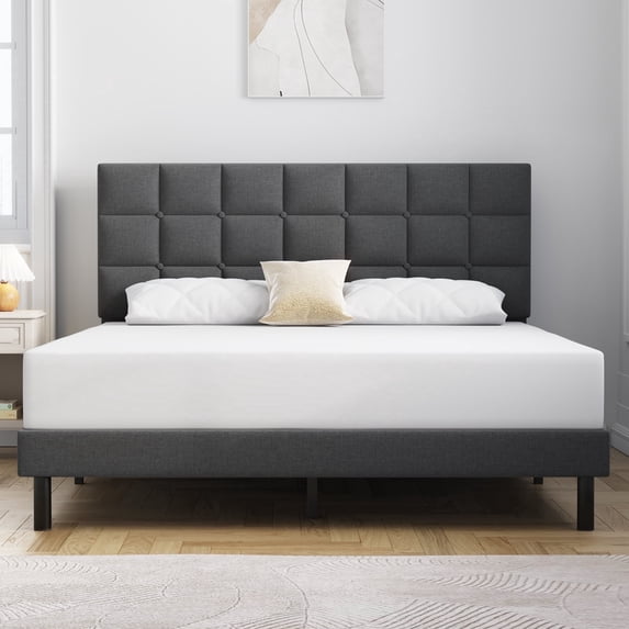 HAIIDE Queen Bed Frame, Queen Size Platform Bed With Fabric Upholstered Headboard,Dark Gray, Easy Assembly