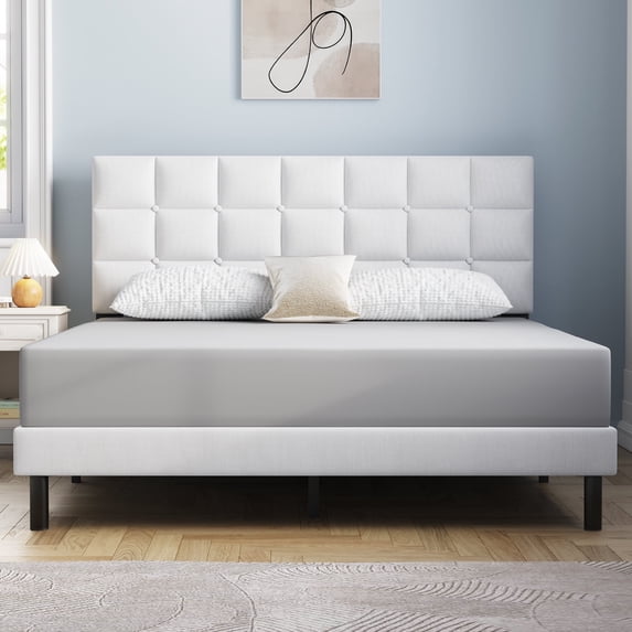 HAIIDE Queen Bed Frame, Queen Size Platform Bed With Fabric Upholstered Headboard,White, Easy Assembly