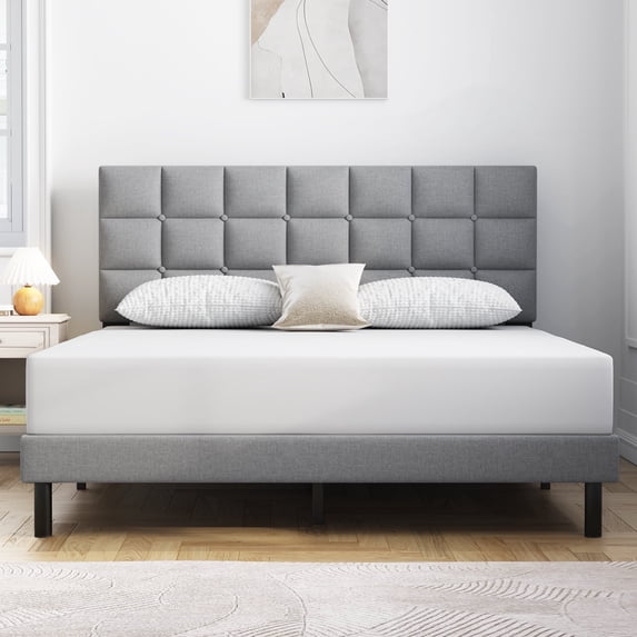 HAIIDE Queen Size bed Frame with Fabric Upholstered Headboard,Light Gray, Easy Assembly
