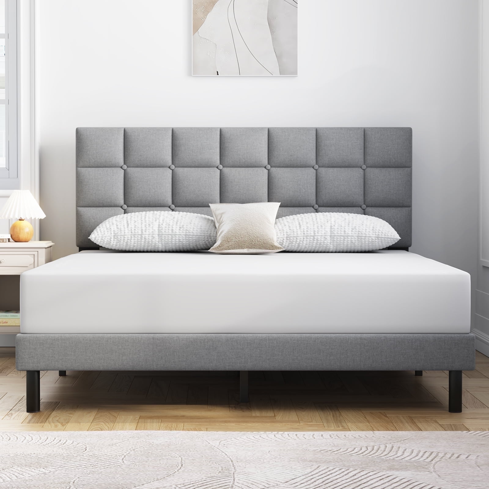 HAIIDE High Headboard Queen Size Bed Frame, Bedroom Upholstered ...