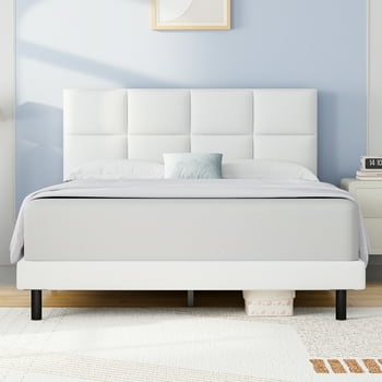 HAIIDE Queen Size bed Frame with Fabric Upholstered Headboard,White, Easy Assembly