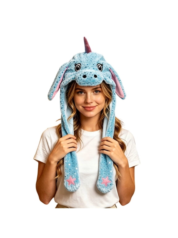 1PC Funny Plush Animal Hat Ear Moving Jumping Hats Cute Cap Unisex Gift for girls boys Adults Party Halloween Christmas (Blue)