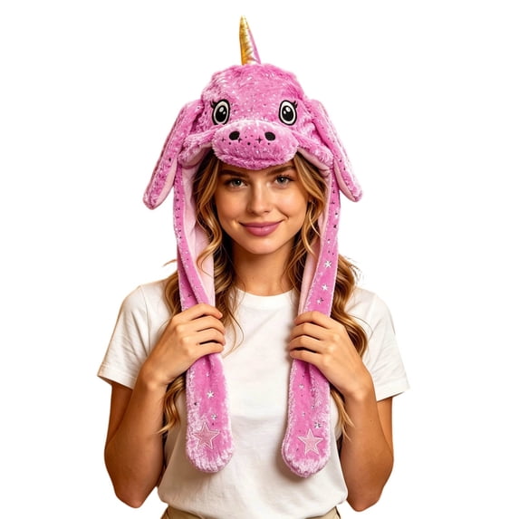 HAIJIE 1PC Funny Plush Animal Hat Ear Moving Jumping Hats Cute Cap Unisex Gift for girls boys Adults Party Halloween Christmas (Hot Pink)