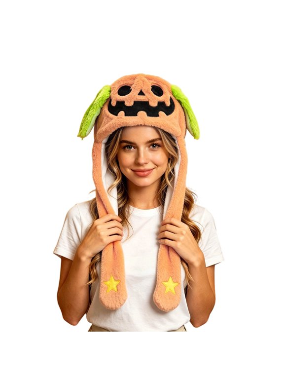 1PC Funny Plush Animal Hat Ear Moving Jumping Hats Cute Cap Unisex Gift for girls boys Adults Party Halloween Christmas (Orange)