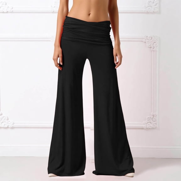 HAIJIE 2026 Coral Fold Over Yoga Pants,foldover pants On-Trend Solid Wide Leg Loose Fit Lou-nge Pants with Ruched Waist, for Yoga Sports Everyday (Black,L)