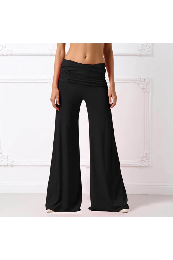 2026 Coral Fold Over Yoga Pants,foldover pants On-Trend Solid Wide Leg Loose Fit Lou-nge Pants with Ruched Waist, for Yoga Sports Everyday (Black,L)