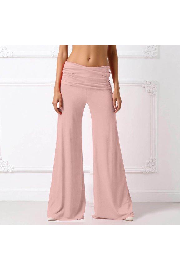 2026 Coral Fold Over Yoga Pants,foldover pants On-Trend Solid Wide Leg Loose Fit Lou-nge Pants with Ruched Waist, for Yoga Sports Everyday (Pink,L)