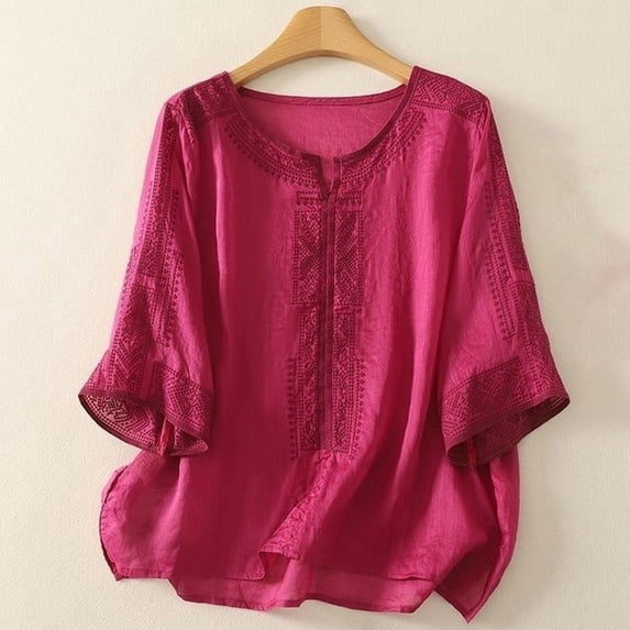 HAIJIE Bohemian womens linen tops Easter Tops For Women Short Sleeve Spring Summer Boho Shirts Floral Print Loose Business Casual Work Blouses (Hot Pink,XXXL)
