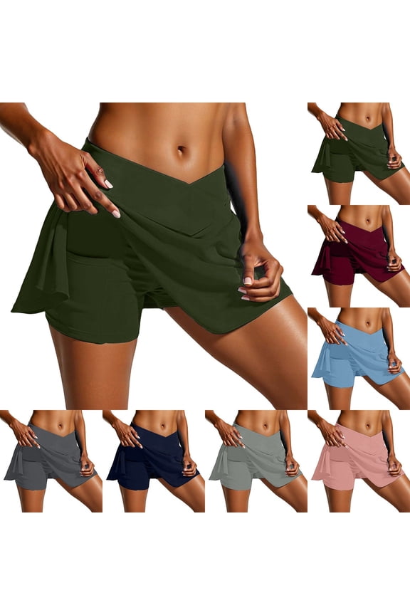 Crossover Athletic Shorts for Women 2 in 1 Flowy Running Shorts with Pockets Spandex Butterfly Workout Tennis Skorts (Army Green,M)