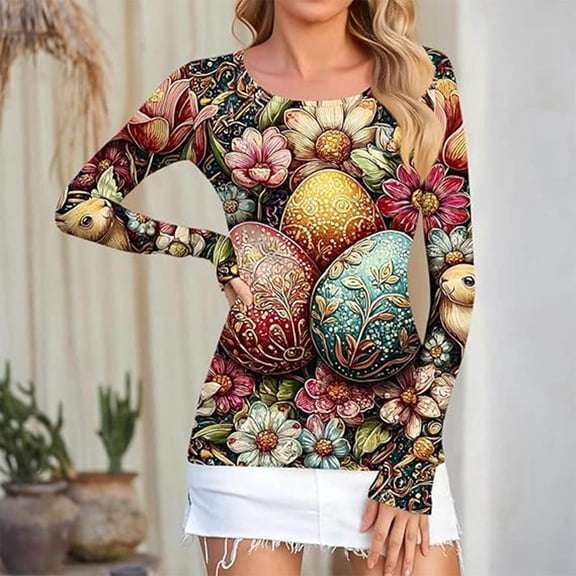 HAIJIE Easter cute Plus Size Tops for Women colorful rabbit print shirt Long Sleeve Ribbed Knit Going Out Tops Tren-dy Teacher Outfits Re-tro Floral Stretch Basic Tees (Wine,M)
