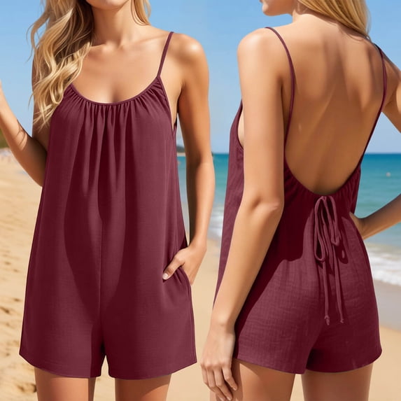 HAIJIE Linen Rompers for Women Casual Sleeveless Short Overalls Spaghetti Strap Shorts Jumpsuit with Pockets (Brick Red,L)