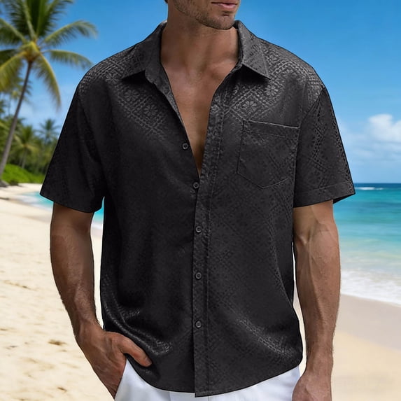 HAIJIE Men's Knit Shirts Short Sleeve Button Down Polo Shirt Fashion Casual Summer Beach Shirts (Black,L)