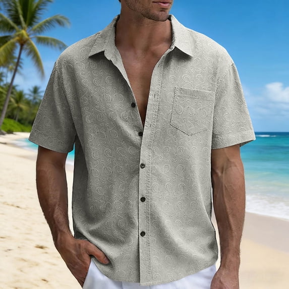 HAIJIE Men's Knit Shirts Short Sleeve Button Down Polo Shirt Fashion Casual Summer Beach Shirts (Grey,L)