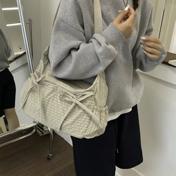 HAIJIE Plaid Shoulder Bags For Women Bow Crossbody Bag Soft Messenger Purse Zipper Handbag Adjustable Shoulder Straps (Style D-Beige,One Size)
