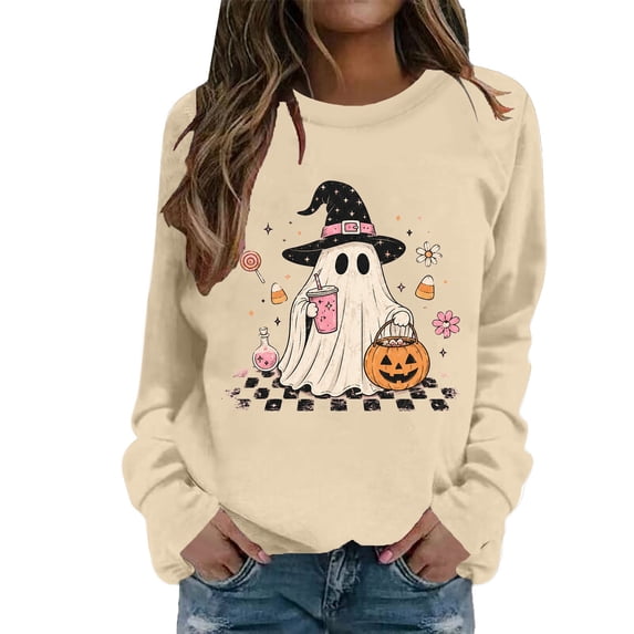 HAIJIE Women Crew‑Neck Pullover Top, Long‑Sleeve Halloween Graphic Print Sweatshirt, Casual Wear For Halloween Christmas Fall Winter Holiday Assemblies (Khaki,XL)