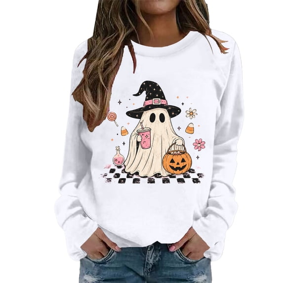 HAIJIE Women Crew‑Neck Pullover Top, Long‑Sleeve Halloween Graphic Print Sweatshirt, Casual Wear For Halloween Christmas Fall Winter Holiday Assemblies (White,S)