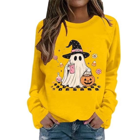 HAIJIE Women Crew‑Neck Pullover Top, Long‑Sleeve Halloween Graphic Print Sweatshirt, Casual Wear For Halloween Christmas Fall Winter Holiday Assemblies (Yellow,S)
