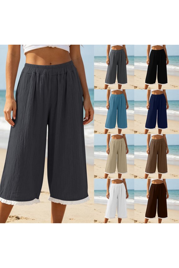 Women Elastic Waist Ruffle Trim Wide Leg Cropped Pants Solid Tone Loose Everyday Casual Bottom Trousers(White,S)