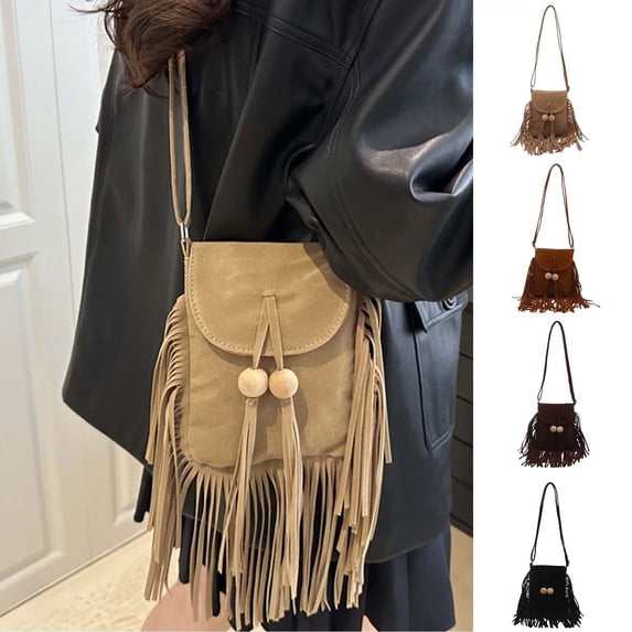 HAIJIE Women Fashion Small Purse Fringe Designer Cell Phone Bag Tassel Crossbody Bags Shoulder Handbag with Tassel beads (Style C-Khaki,One Size)