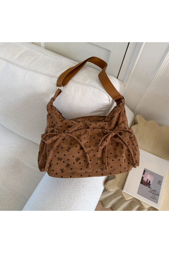 Women Large Capacity Crossbody Bag Adjustable Strap Versatile Bag Cute Bow Shoulder Bag for Women Corduroy Messenger Purse Japanese-style Minimalist Bow Crossbody Bag (Style A-Brown,One Size)