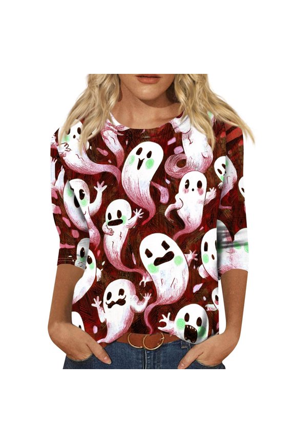 Women Round Three Quarter Sleeve Tee Full Line Drawing Figure All Over Print Loose Fit Halloween Casual Daily Pullover Top Assorted Tone Option (#008 Red,XL)