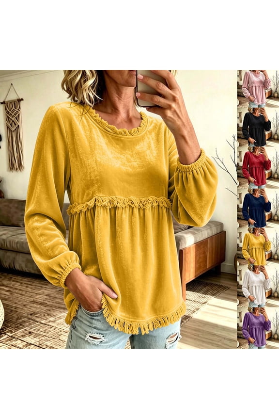 Women Ruffle Trim Round Neck Long Elastic Cuff Sleeve Tiered Fringe Detail Relaxed Fit Swing Tunic Warm Season Casual Everyday Layering Top Assorted Tone Selection Option (Purple,S)