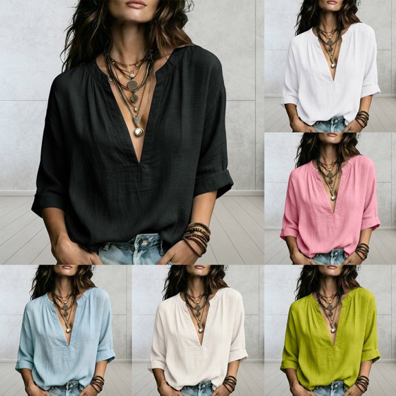 HAIJIE Women Split Notch Neck Half Placket Three Quarter Sleeve Loose Fit Blouse Solid Tone Crinkled Weave Warm Season Casual Everyday Layering Top Assorted Tone Garment Option (Beige,M)