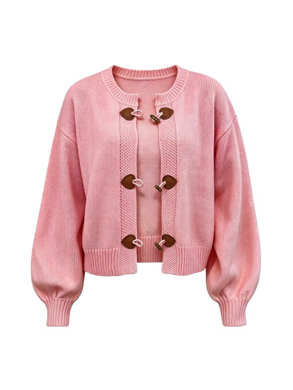 Women Toggle Button Front Crew Neck Knit Cardigan Long Sleeve Sweater Jacket Fall Winter Outerwear for Holiday Season Gatherings and Festive Occasions (Z003 Pink,S)