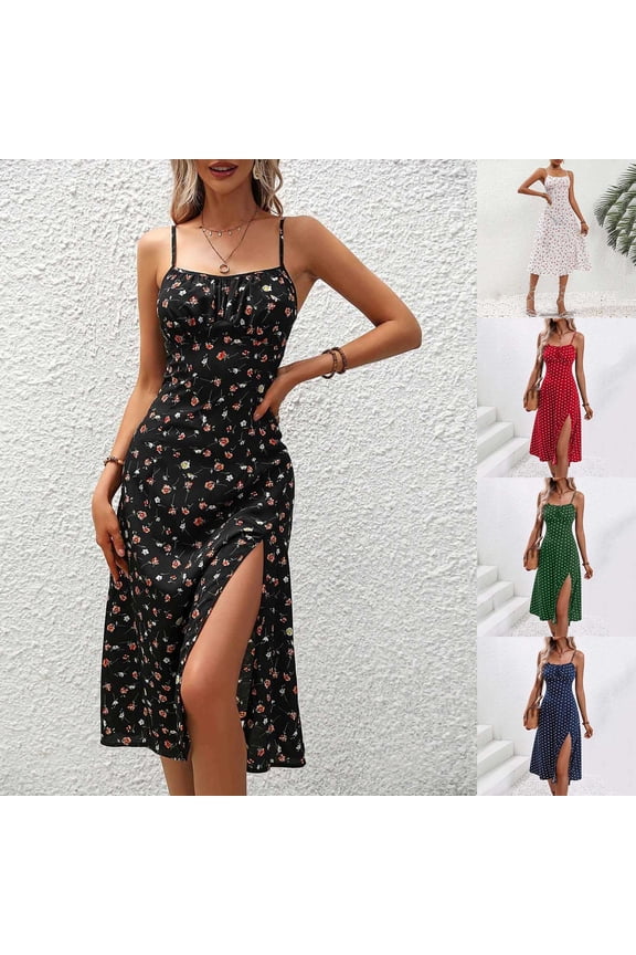 Women’s Floral Print Slip Dress, Spaghetti Strap Ruched Bust Midi Dress with Side Slit (Red,S)
