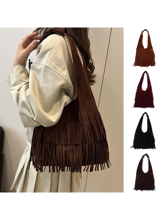 Women's Fringe Tote Bag Frosted Travel Tote Boho Shoulder Bag Slouchy Handbag Soft Stylish Purse Fall Winter Spring (Style A-Brown,One Size)