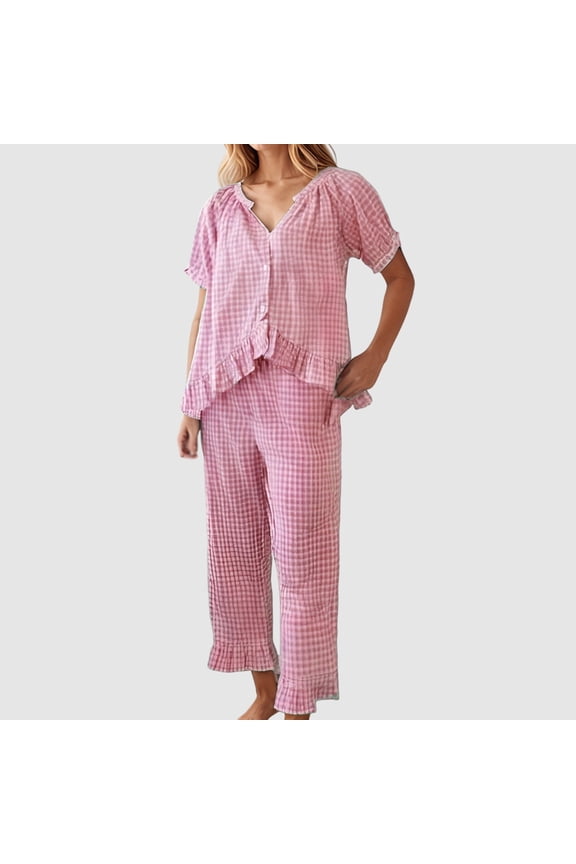Women's Gingham 2 Piece Pajama Sets Short Sleeve Button Down Ruffle Shirt and Pants Cute Pajama (#004 Pink,S)