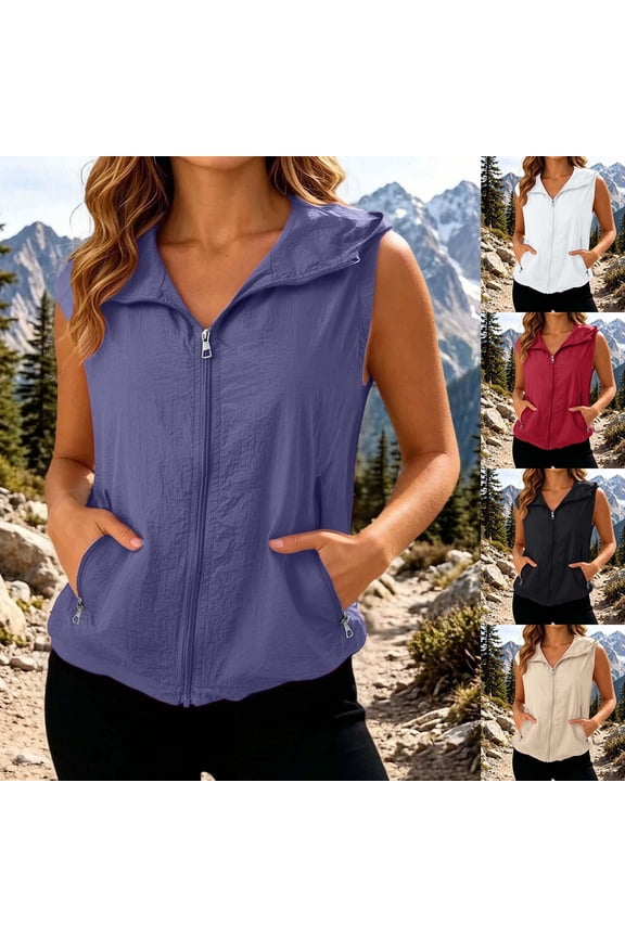 Women’s Hooded Sleeveless Vest, Zip-Up Front, Zip Pockets, Lightweight, Assorted Color Choices (Black,XXL)