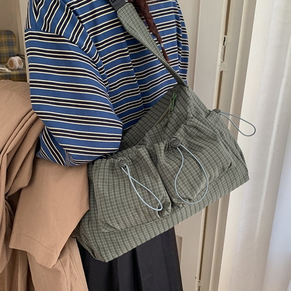 HAIJIE Womens Nylon Crossbody Tote Bag Large Cute Plaid Shoulder Handbag Multi-Pocket Travel Messenger Purse (Style E-Green,One Size)