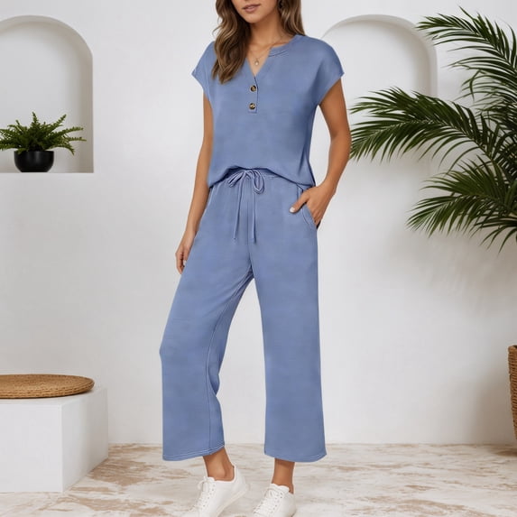 HAIJIE womens linen set two Piece Easter Sets for Women Summer Spring Lou-nge Sets Travel Vacation Outfits Cap Sleeve Side Slit Wide Leg Pants (BU1,L)