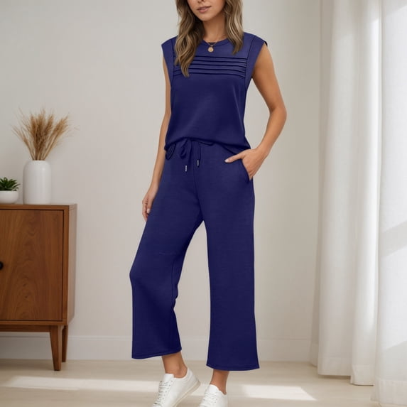HAIJIE womens linen set two Piece Easter Sets for Women Summer Spring Lou-nge Sets Travel Vacation Outfits Cap Sleeve Side Slit Wide Leg Pants (BU1,M)
