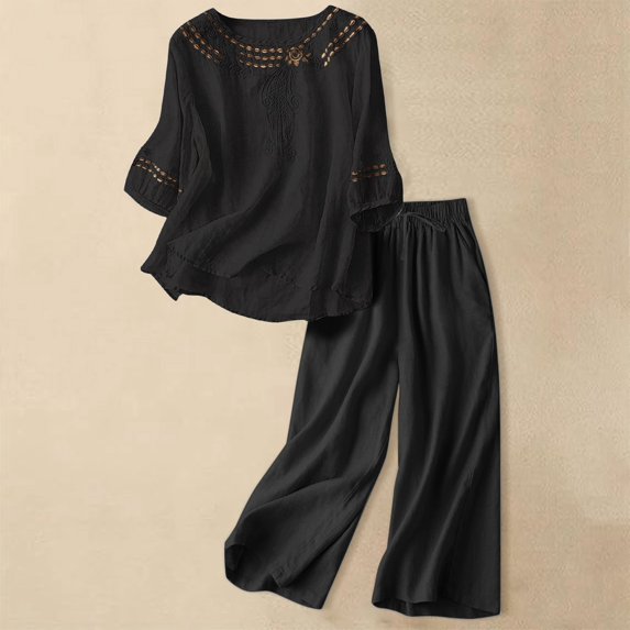 HAIJIE womens linen set two Piece Easter Sets for Women Summer Spring Lou-nge Sets Travel Vacation Outfits Cap Sleeve Side Slit Wide Leg Pants (Black,XXXL)