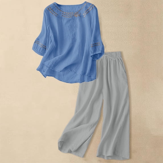 HAIJIE womens linen set two Piece Easter Sets for Women Summer Spring Lou-nge Sets Travel Vacation Outfits Cap Sleeve Side Slit Wide Leg Pants (Blue,XXXL)