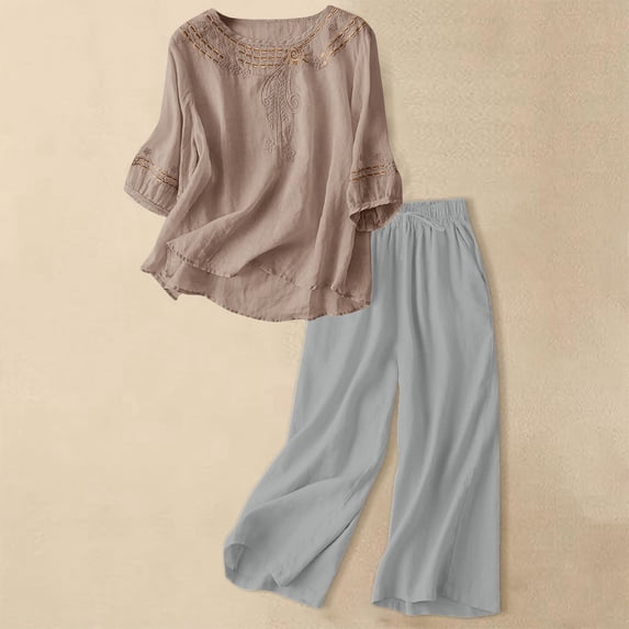HAIJIE womens linen set two Piece Easter Sets for Women Summer Spring Lou-nge Sets Travel Vacation Outfits Cap Sleeve Side Slit Wide Leg Pants (Coffee,XXL)