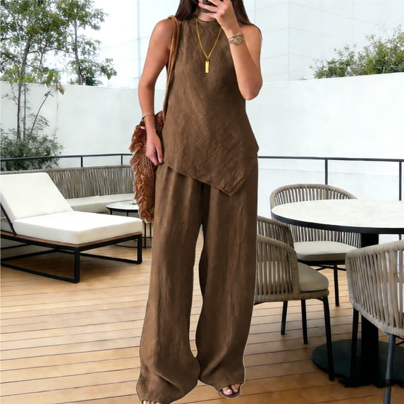 HAIJIE womens linen set two Piece Easter Sets for Women Summer Spring Lou-nge Sets Travel Vacation Outfits Cap Sleeve Side Slit Wide Leg Pants (Coffee,XXXL)