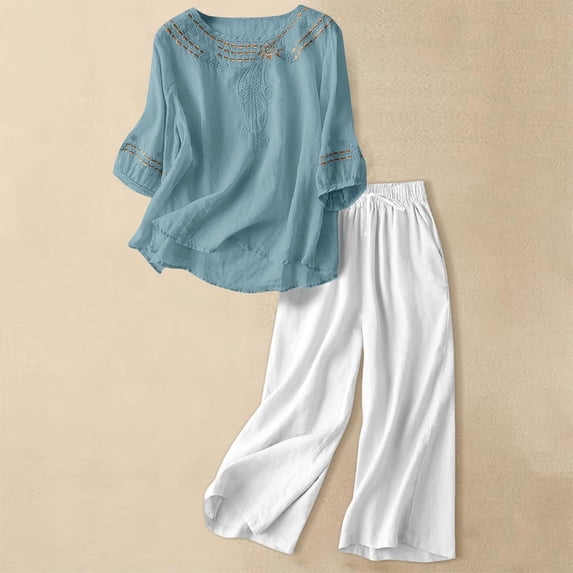 HAIJIE womens linen set two Piece Easter Sets for Women Summer Spring Lou-nge Sets Travel Vacation Outfits Cap Sleeve Side Slit Wide Leg Pants (Light Blue,XL)